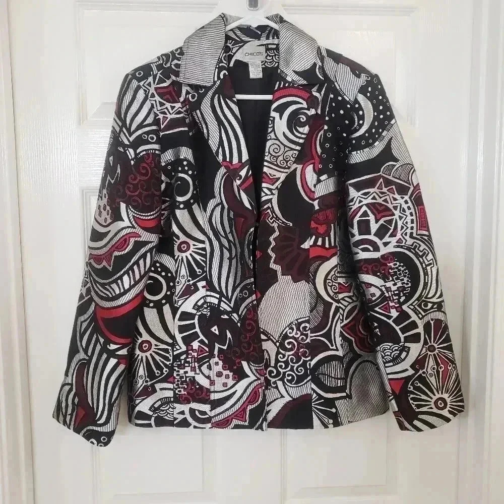 Chico's Silver, Red and Black Shimmery Jacket